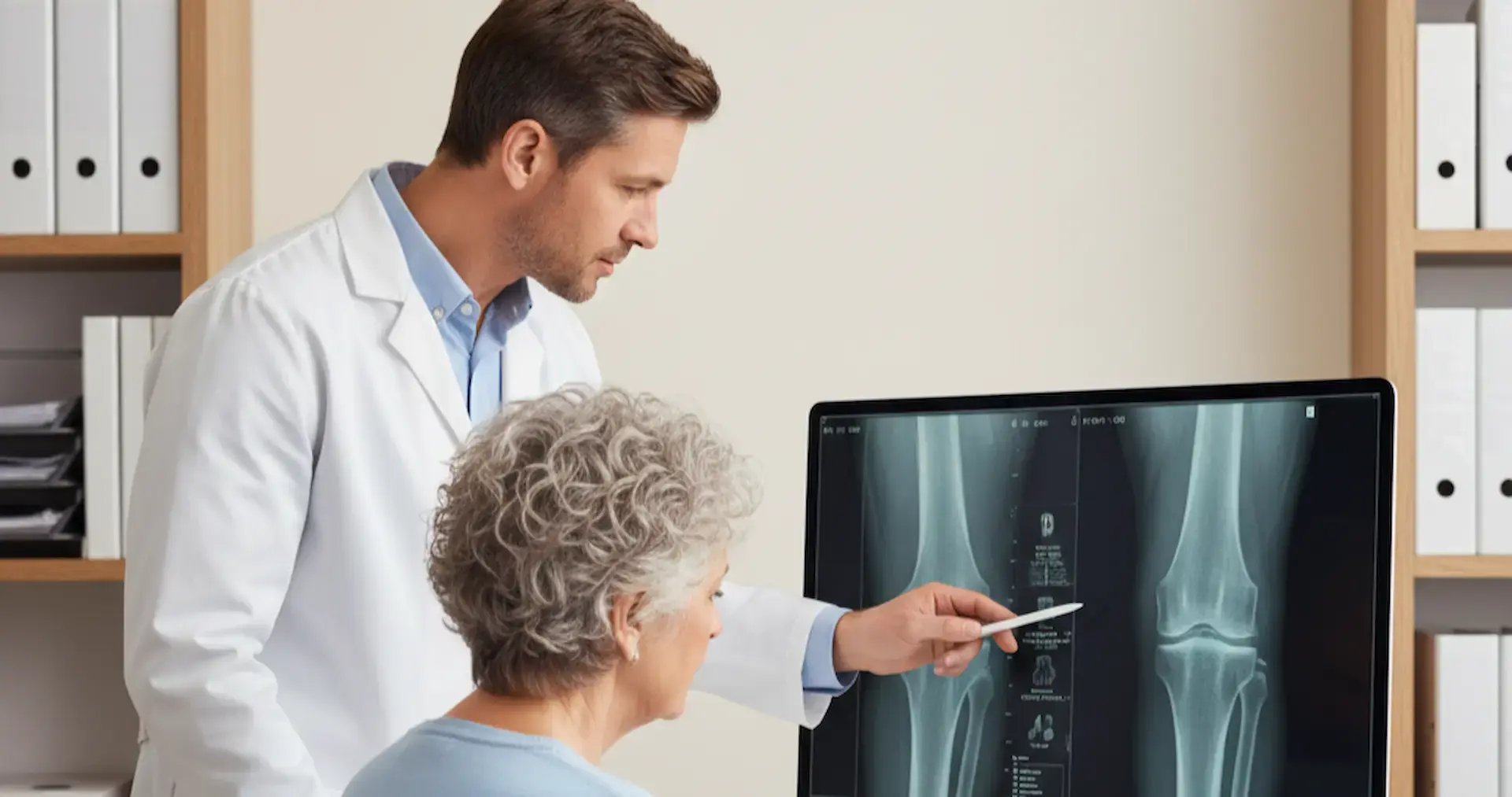 Doctor discussing patient's knee x ray.